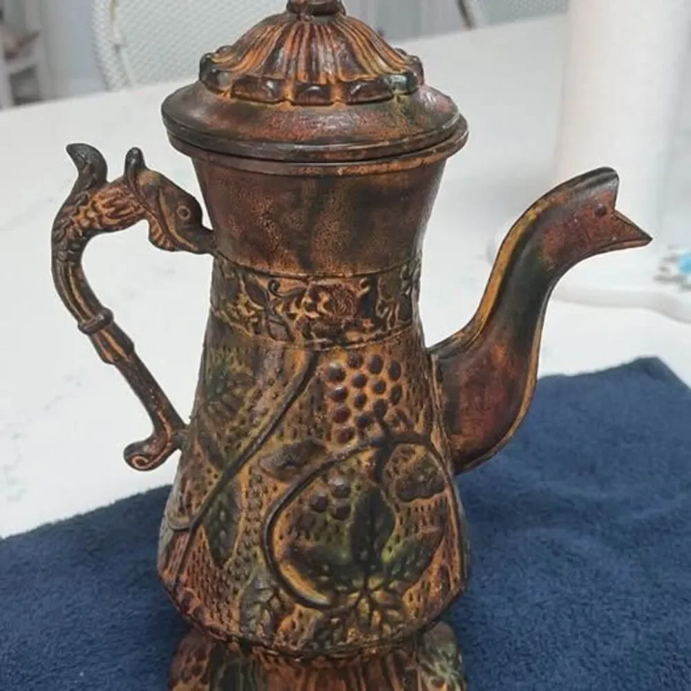 Vintage Cast Iron Decorative Teapot with Bird Spout and Fish Handle